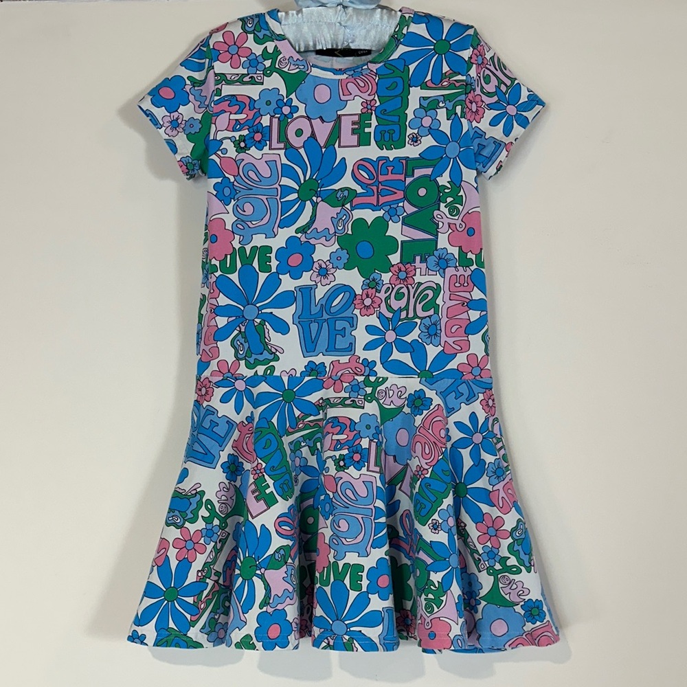 Rock Your Kid Retro Floral Dress - Blue and Pink Love graphic, girls size 6
